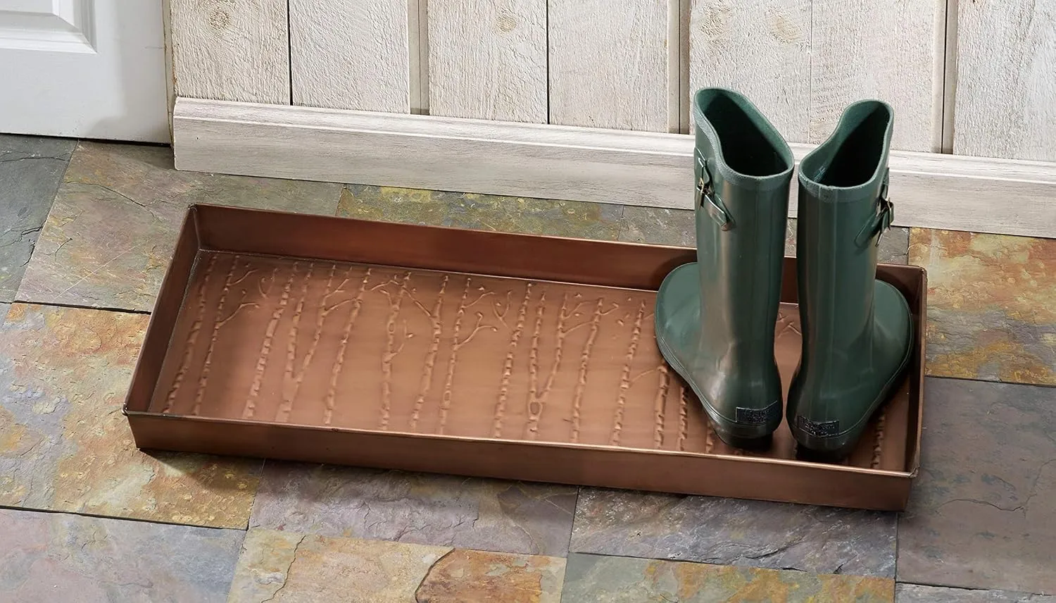 HF by LT Birch Forest Pattern Metal Boot Storage Tray, 30 x 13 inches, Antique Copper Finish