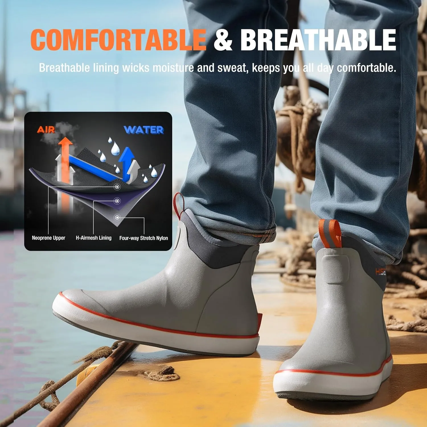 HISEA Men's Deck Boots Waterproof Fishing Rain Boots, Anti-Slip Neoprene Rubber Boots Saltwater Ankle Booties With High Traction for Outdoor Fishing Boating Sailing