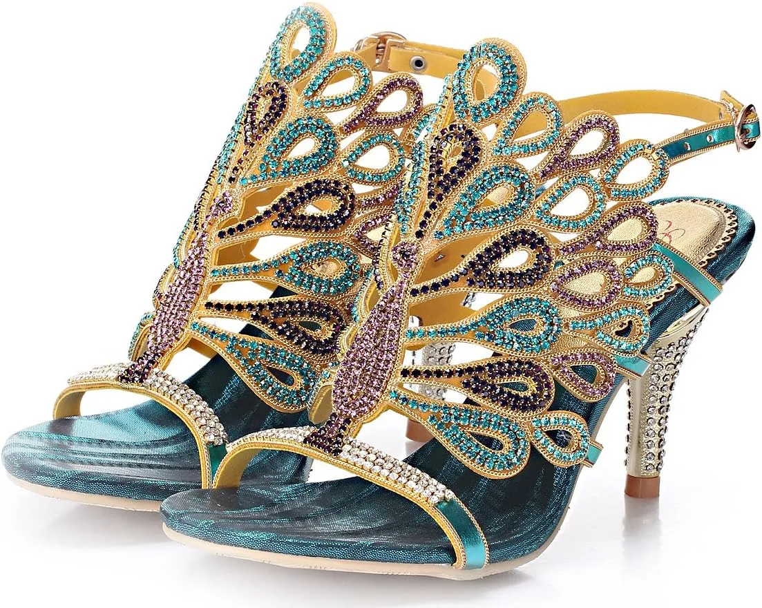 Honeystore Women's Peacock Shaped Pattern Handmade Rhinestone Sandals