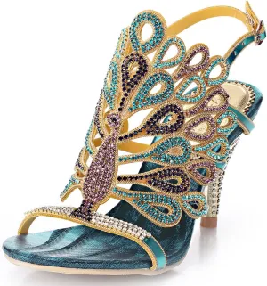 Honeystore Women's Peacock Shaped Pattern Handmade Rhinestone Sandals