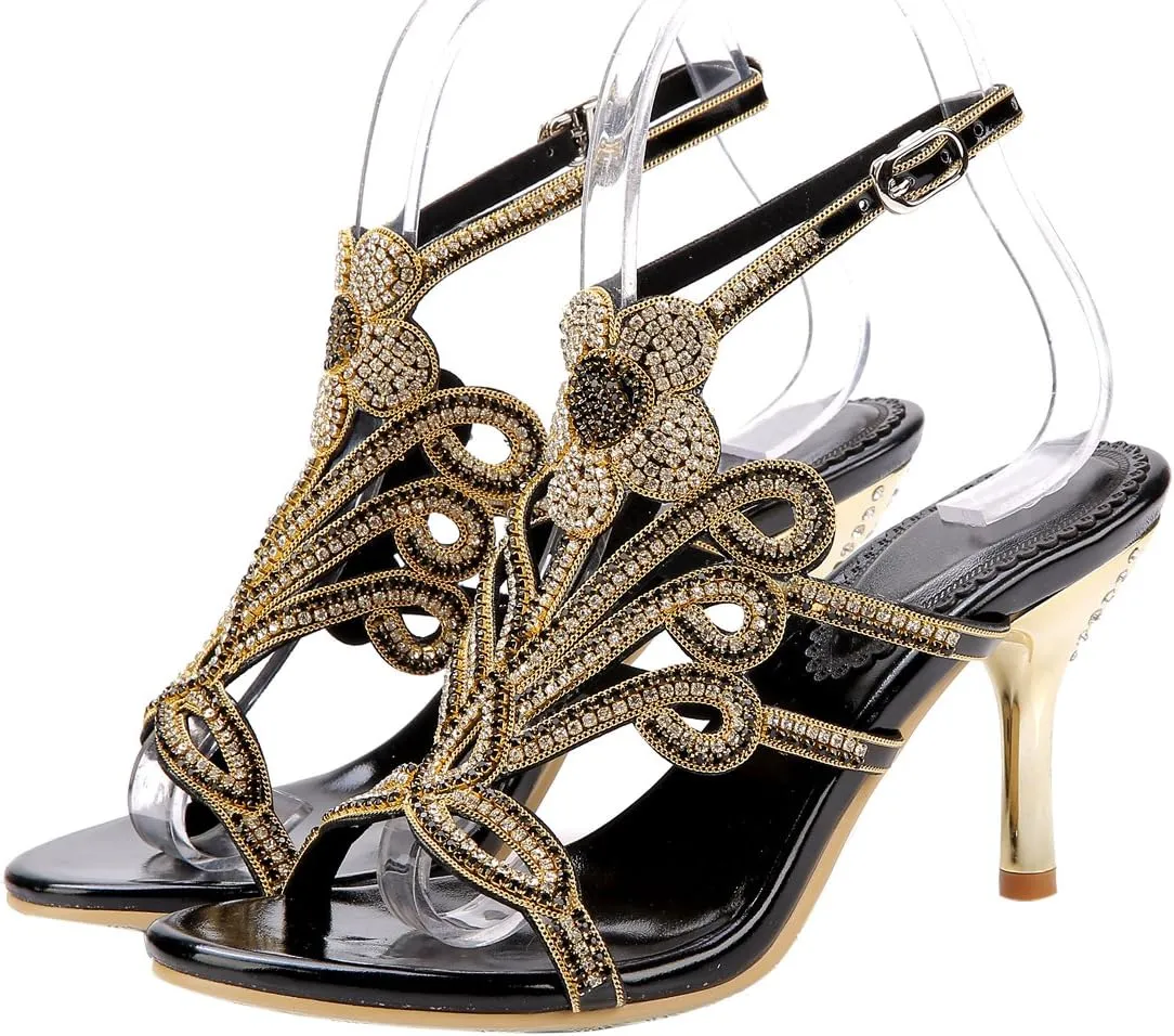 Honeystore Women's Peacock Shaped Pattern Handmade Rhinestone Sandals