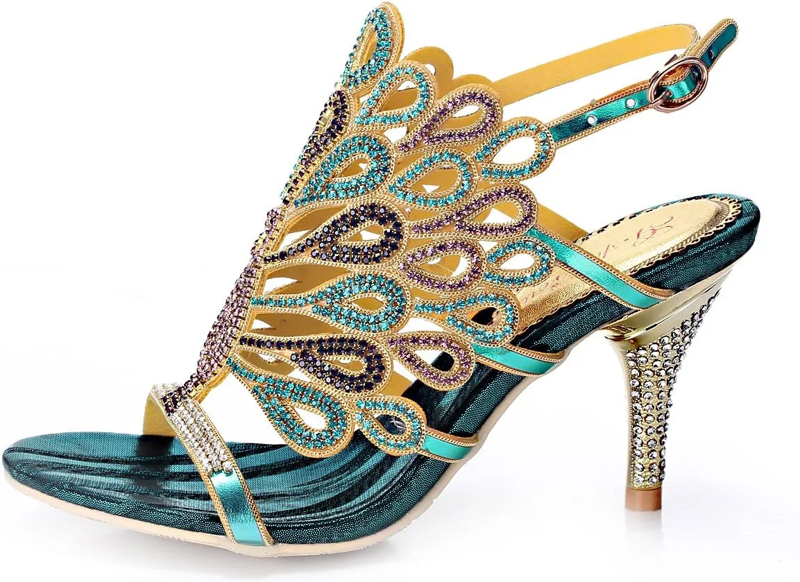 Honeystore Women's Peacock Shaped Pattern Handmade Rhinestone Sandals