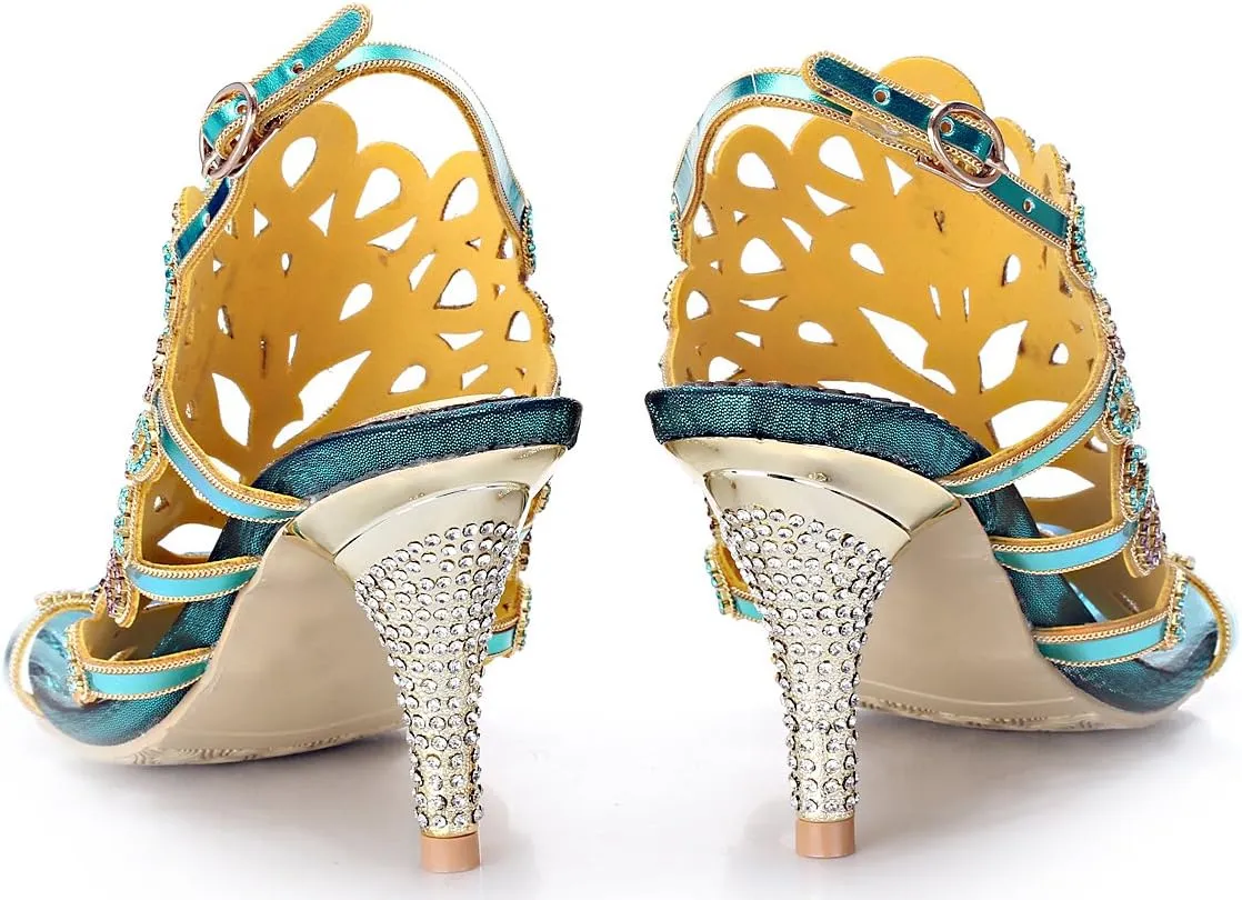 Honeystore Women's Peacock Shaped Pattern Handmade Rhinestone Sandals