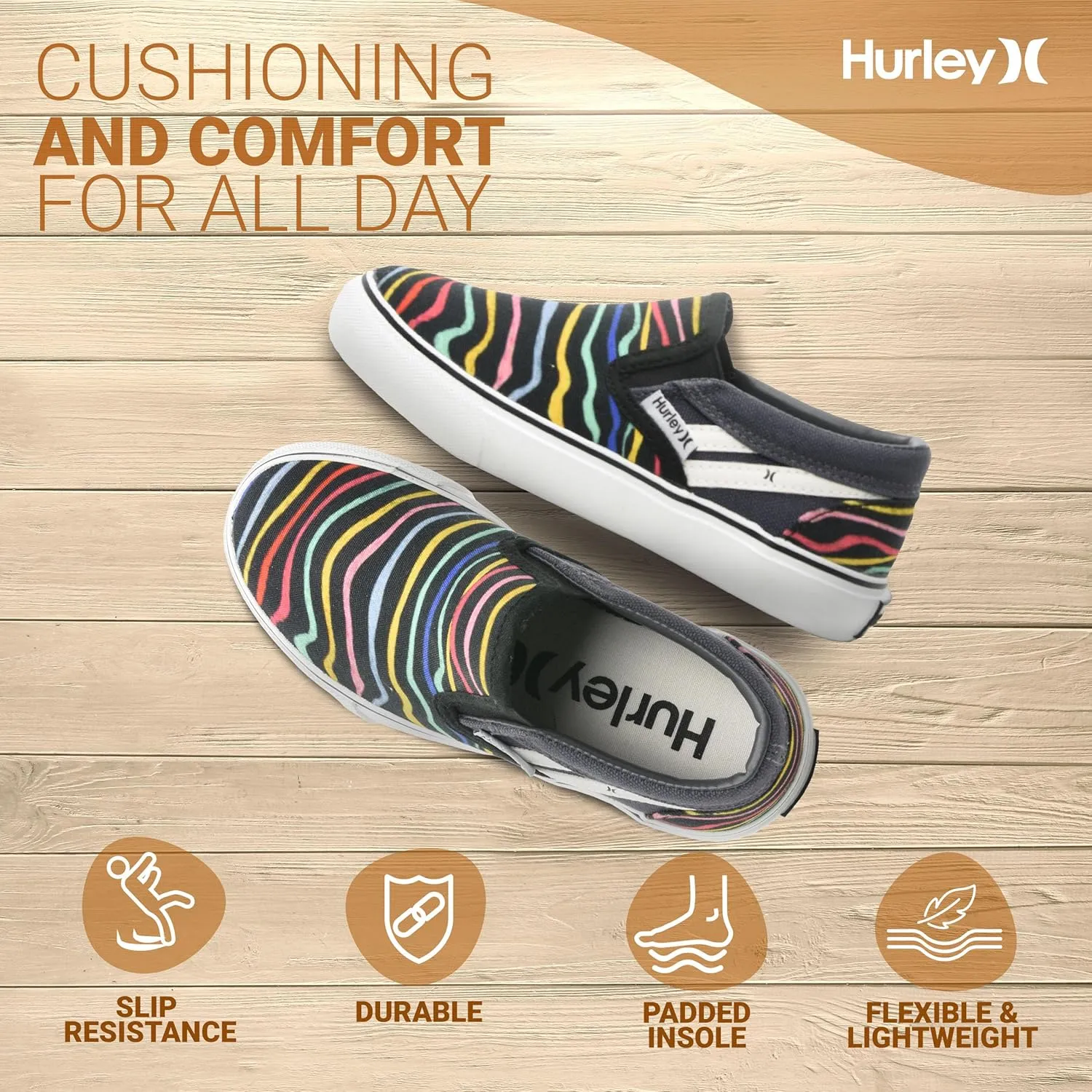 Hurley Kids Canvas Slip On Sneakers – Low Cut Skateboarding Shoes for Kids, Sports Shoes for Boys and Girls, Casual Sneakers