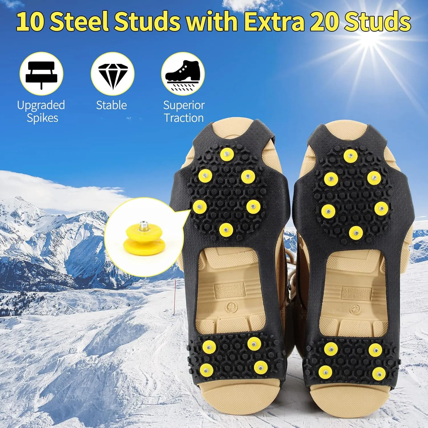 Ice Cleats Snow Grips, Non-Slip Traction Crampons 10 Steel Studs with Extra 20 Replacement Studs, for Shoes/Boots, Snow Ice Walking