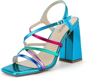 IDIFU IN4 High Strappy Heels Chunky Block Colorful Multicolor Dress Shoes for Women Bride Wedding Summer Prom Party Heeled Sandals Dressy Comfortable Sexy Cute Trendy Fun Square Open Toe Heels