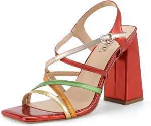 IDIFU IN4 High Strappy Heels Chunky Block Colorful Multicolor Dress Shoes for Women Bride Wedding Summer Prom Party Heeled Sandals Dressy Comfortable Sexy Cute Trendy Fun Square Open Toe Heels