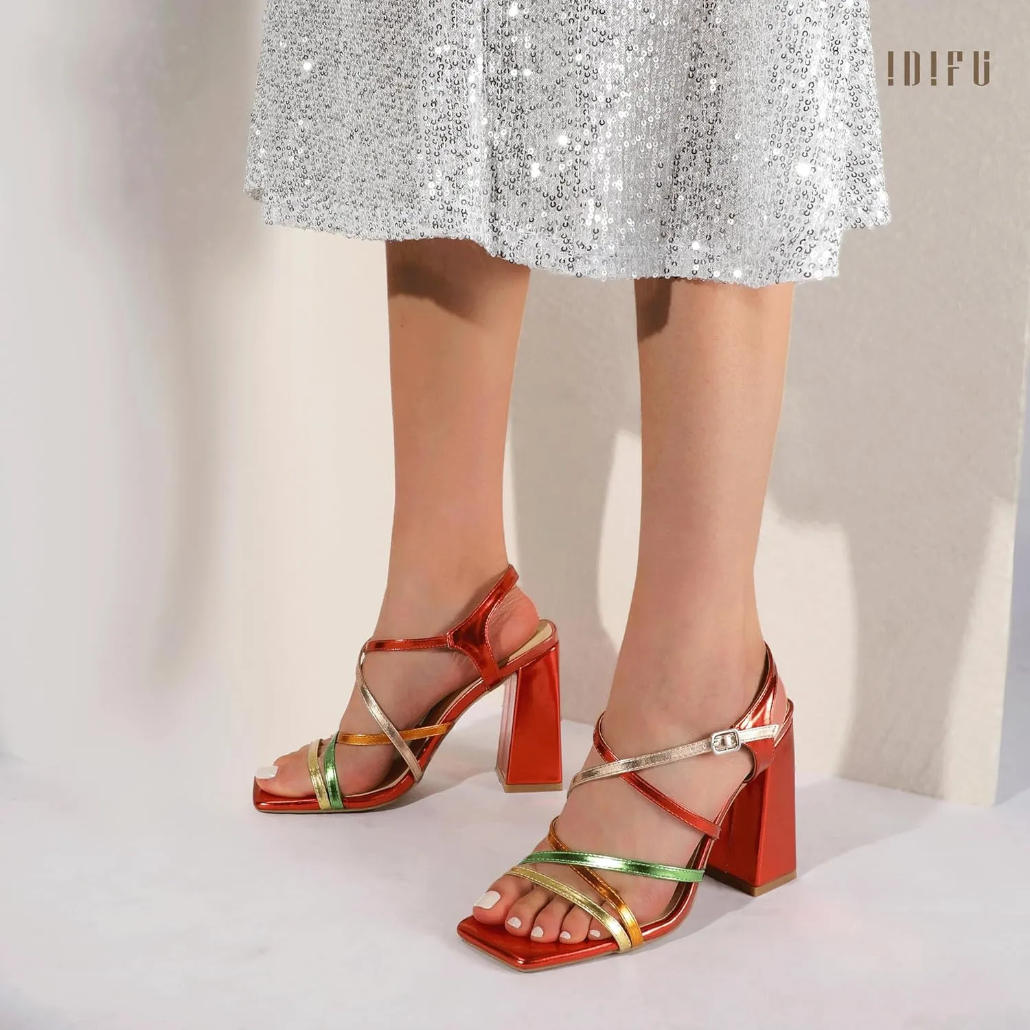 IDIFU IN4 High Strappy Heels Chunky Block Colorful Multicolor Dress Shoes for Women Bride Wedding Summer Prom Party Heeled Sandals Dressy Comfortable Sexy Cute Trendy Fun Square Open Toe Heels