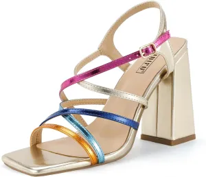 IDIFU IN4 High Strappy Heels Chunky Block Colorful Multicolor Dress Shoes for Women Bride Wedding Summer Prom Party Heeled Sandals Dressy Comfortable Sexy Cute Trendy Fun Square Open Toe Heels