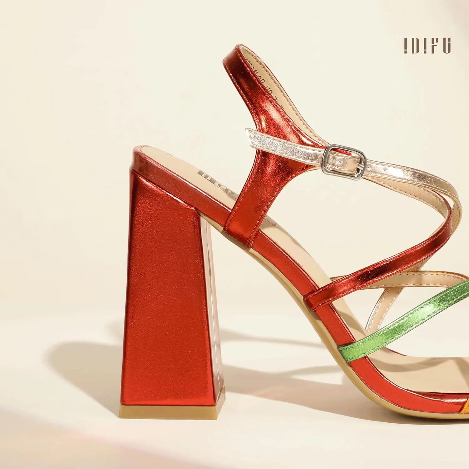 IDIFU IN4 High Strappy Heels Chunky Block Colorful Multicolor Dress Shoes for Women Bride Wedding Summer Prom Party Heeled Sandals Dressy Comfortable Sexy Cute Trendy Fun Square Open Toe Heels