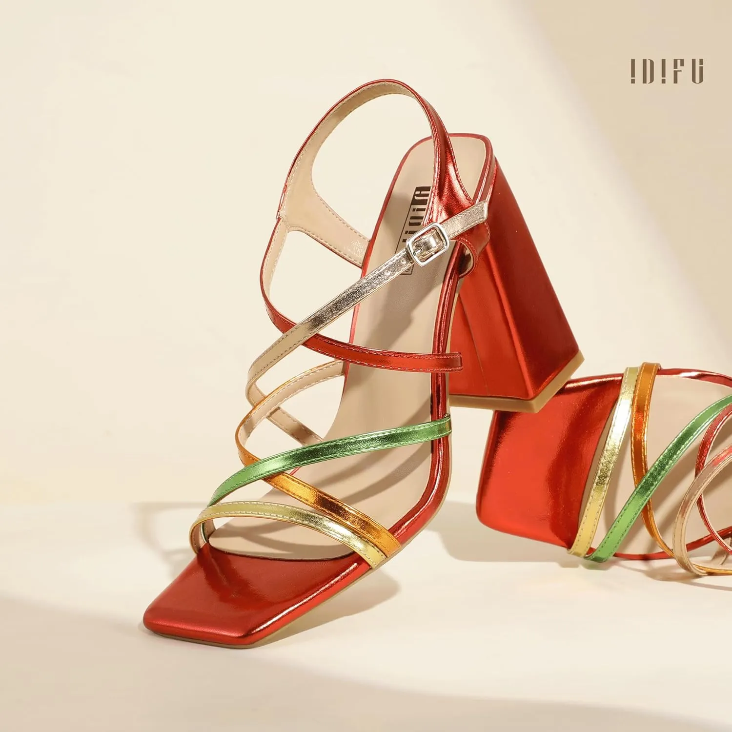 IDIFU IN4 High Strappy Heels Chunky Block Colorful Multicolor Dress Shoes for Women Bride Wedding Summer Prom Party Heeled Sandals Dressy Comfortable Sexy Cute Trendy Fun Square Open Toe Heels