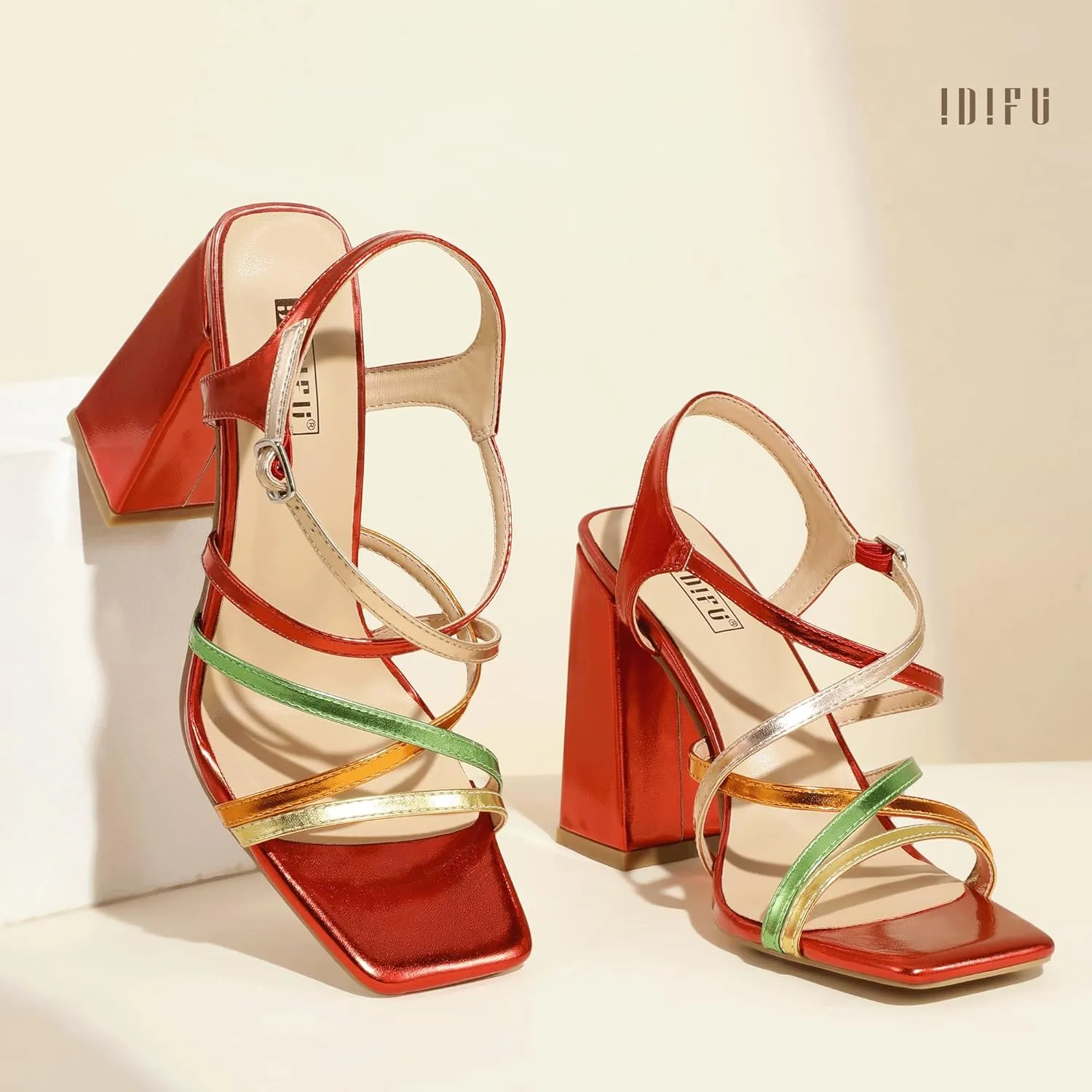 IDIFU IN4 High Strappy Heels Chunky Block Colorful Multicolor Dress Shoes for Women Bride Wedding Summer Prom Party Heeled Sandals Dressy Comfortable Sexy Cute Trendy Fun Square Open Toe Heels