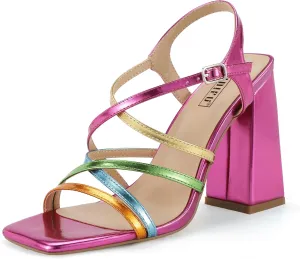IDIFU IN4 High Strappy Heels Chunky Block Colorful Multicolor Dress Shoes for Women Bride Wedding Summer Prom Party Heeled Sandals Dressy Comfortable Sexy Cute Trendy Fun Square Open Toe Heels