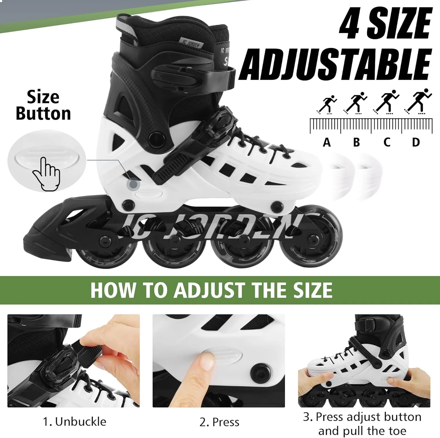 Inline Skates for Kids Girls and Boys, 4 Sizes Adjustable Roller Skates Blades with Full Light Up Wheels for Women Men, Durable Outer Shell, Roller Skates 4-12 Adults