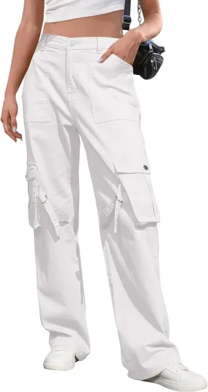 IVIR Womens Pants Wide Leg Cargo Pants Women High Waisted Pants with 6 Pockets Stretchy Y2K Streetwear Casual Trousers
