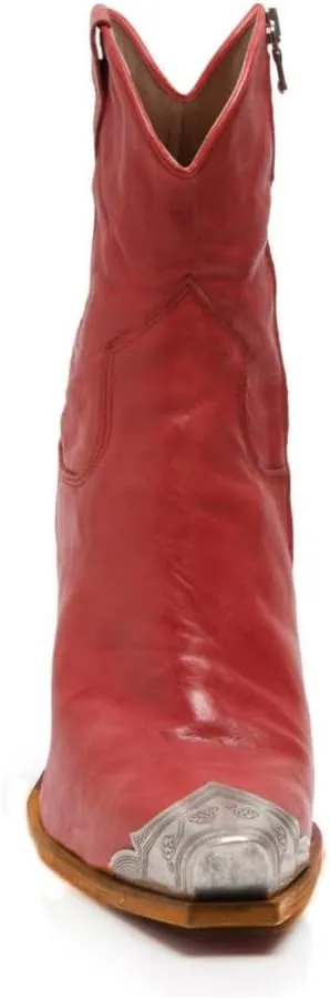 keleimusi Women's Western Cowgirl Ankle Boots Stacked Block Heel Cowboy Booties Steel Toe Heeled Short Cowboy Boots Side Zipper Western Booties for Women