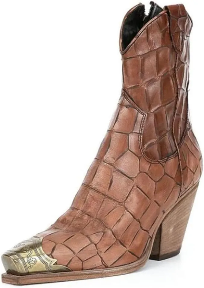 keleimusi Women's Western Cowgirl Ankle Boots Stacked Block Heel Cowboy Booties Steel Toe Heeled Short Cowboy Boots Side Zipper Western Booties for Women