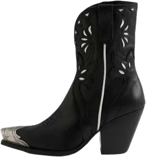 keleimusi Women's Western Cowgirl Ankle Boots Stacked Block Heel Cowboy Booties Steel Toe Heeled Short Cowboy Boots Side Zipper Western Booties for Women