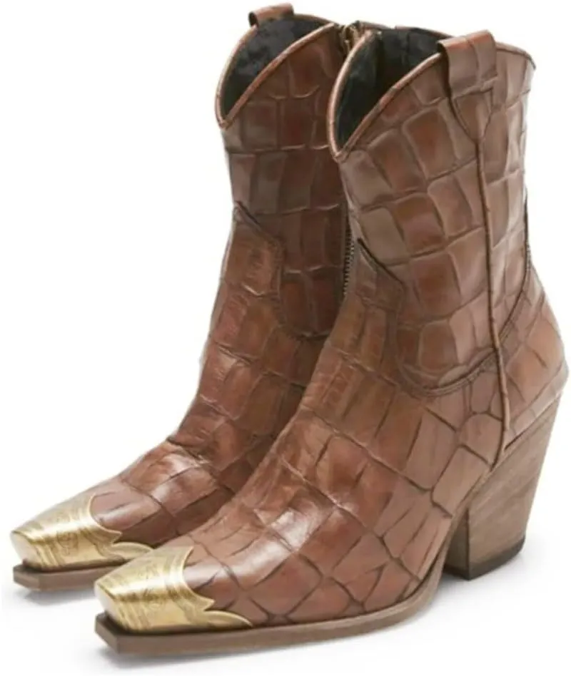 keleimusi Women's Western Cowgirl Ankle Boots Stacked Block Heel Cowboy Booties Steel Toe Heeled Short Cowboy Boots Side Zipper Western Booties for Women