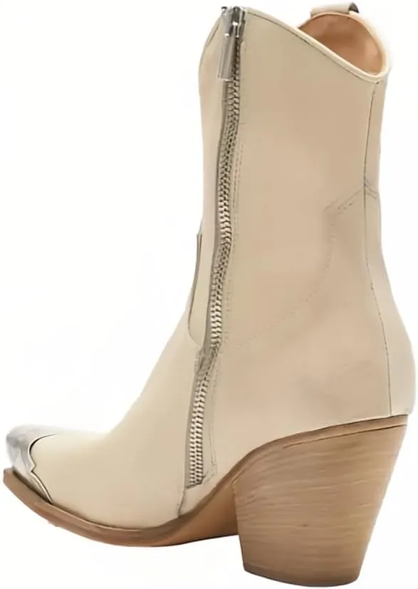 keleimusi Women's Western Cowgirl Ankle Boots Stacked Block Heel Cowboy Booties Steel Toe Heeled Short Cowboy Boots Side Zipper Western Booties for Women