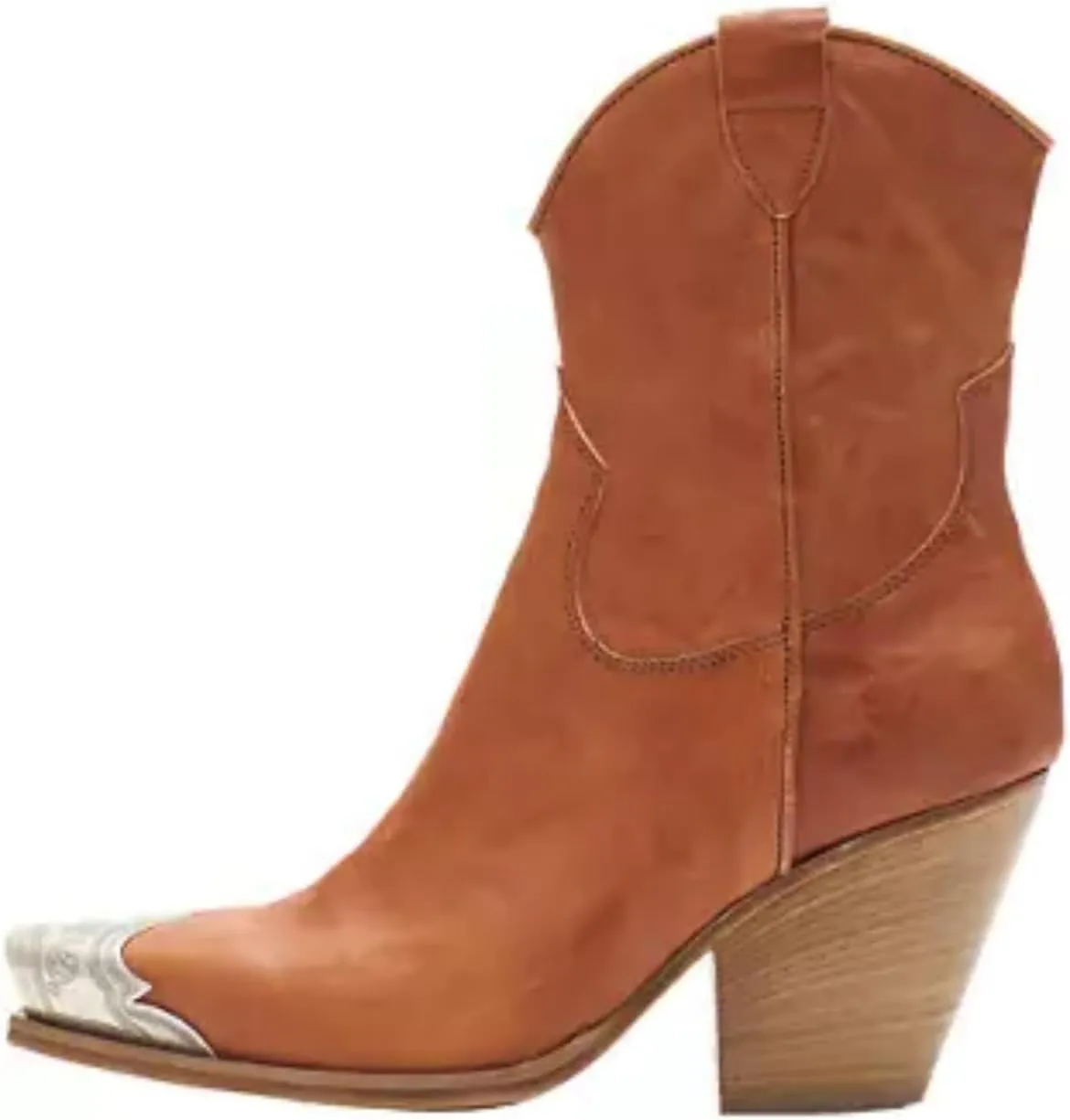 keleimusi Women's Western Cowgirl Ankle Boots Stacked Block Heel Cowboy Booties Steel Toe Heeled Short Cowboy Boots Side Zipper Western Boots for Women