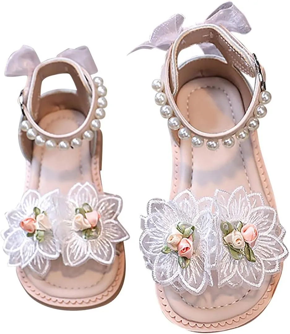 Kids Sandals Summer Soft Lightweight Rubber Sole Fashion Personality Beaded Strap Girls Pearl Dress Sandals Dressy