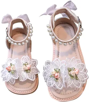 Kids Sandals Summer Soft Lightweight Rubber Sole Fashion Personality Beaded Strap Girls Pearl Dress Sandals Dressy