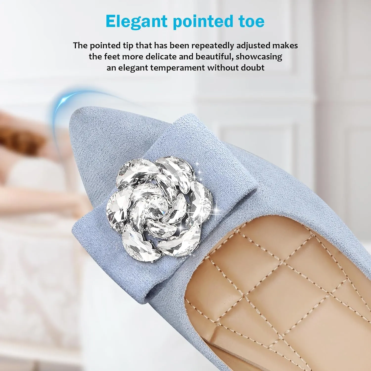 KUNWFNIX Women's Ballet Flats Crystal Wedding Ballerina Shoes Pointed Toe Pearl Diamond Low Heel Comfortable Dressy Work Business Dance Flats