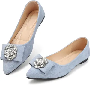 KUNWFNIX Women's Ballet Flats Crystal Wedding Ballerina Shoes Pointed Toe Pearl Diamond Low Heel Comfortable Dressy Work Business Dance Flats