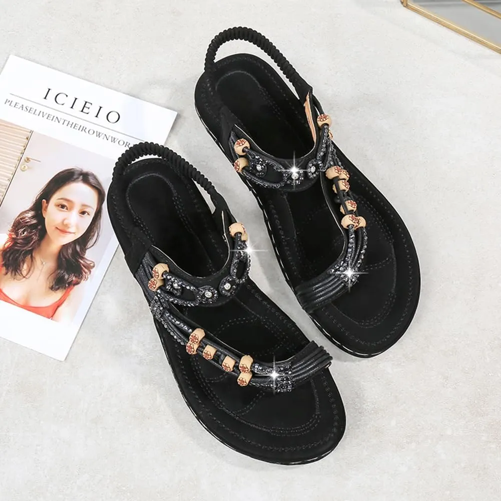 KUNWFNIX Womens Sandals Comfortable Summer Dressy Flat Sandals Bohemian Clip Toe Leather Upholstery T-Strap Flip Flop Thong Sandals