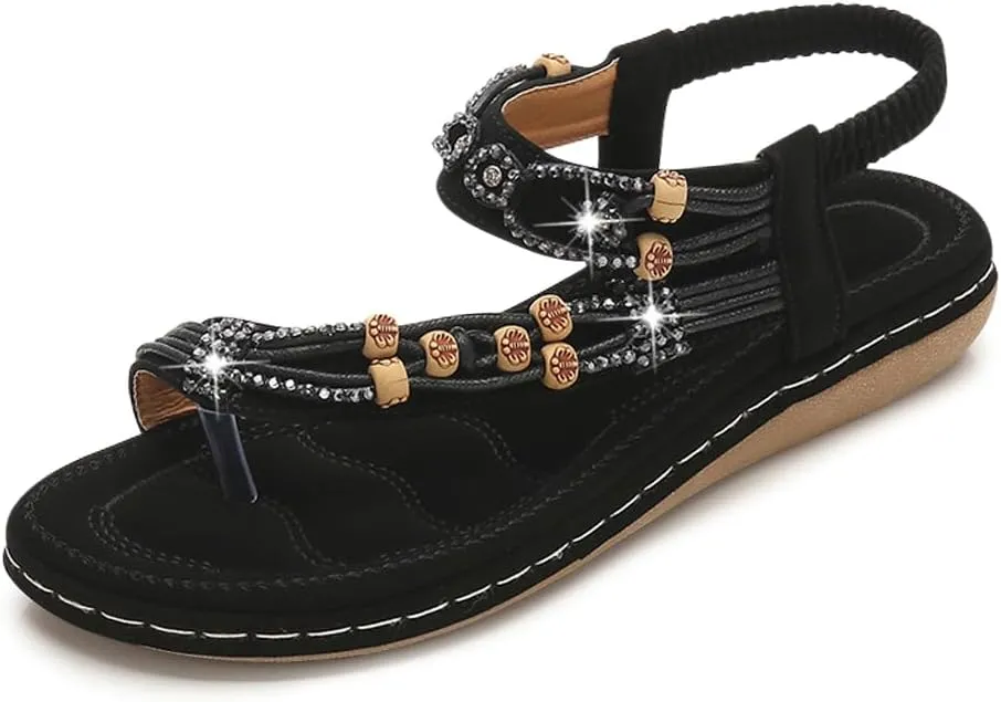 KUNWFNIX Womens Sandals Comfortable Summer Dressy Flat Sandals Bohemian Clip Toe Leather Upholstery T-Strap Flip Flop Thong Sandals