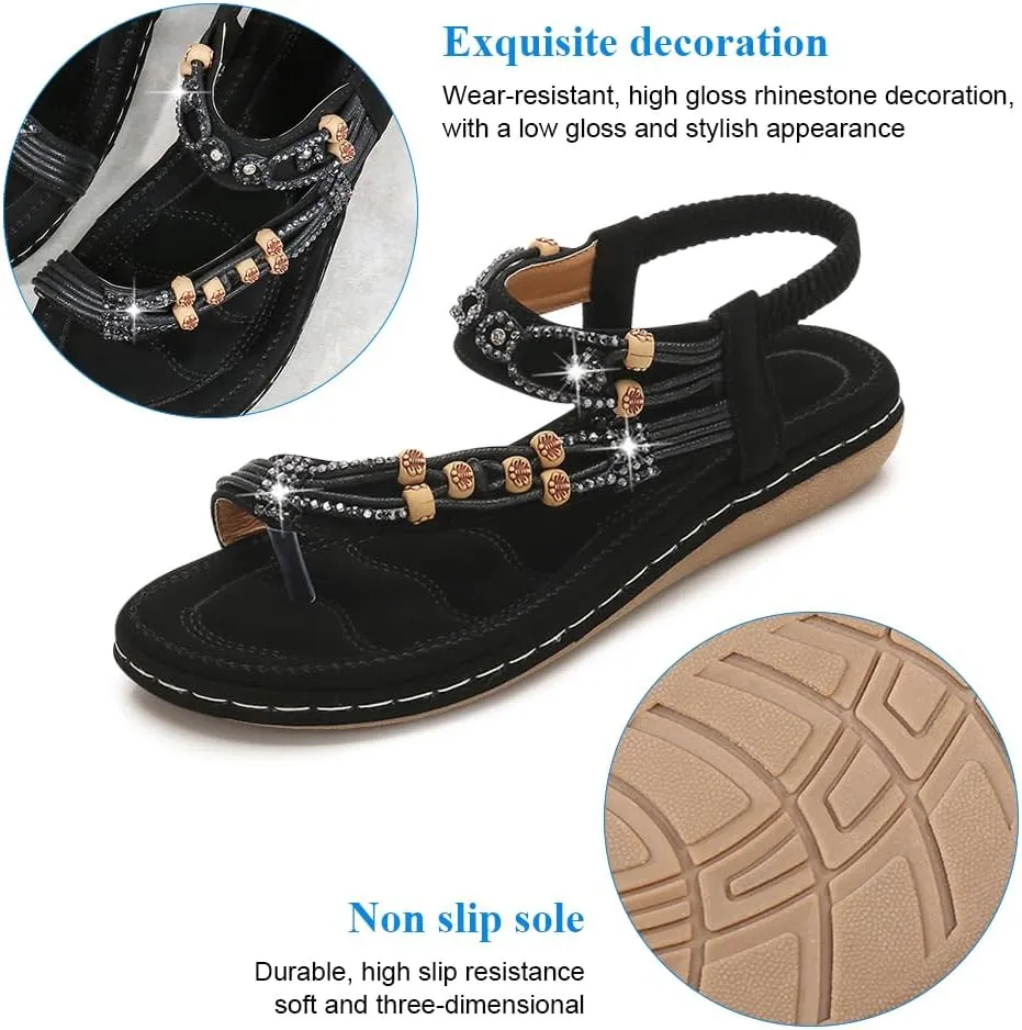 KUNWFNIX Womens Sandals Comfortable Summer Dressy Flat Sandals Bohemian Clip Toe Leather Upholstery T-Strap Flip Flop Thong Sandals