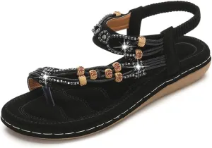 KUNWFNIX Womens Sandals Comfortable Summer Dressy Flat Sandals Bohemian Clip Toe Leather Upholstery T-Strap Flip Flop Thong Sandals