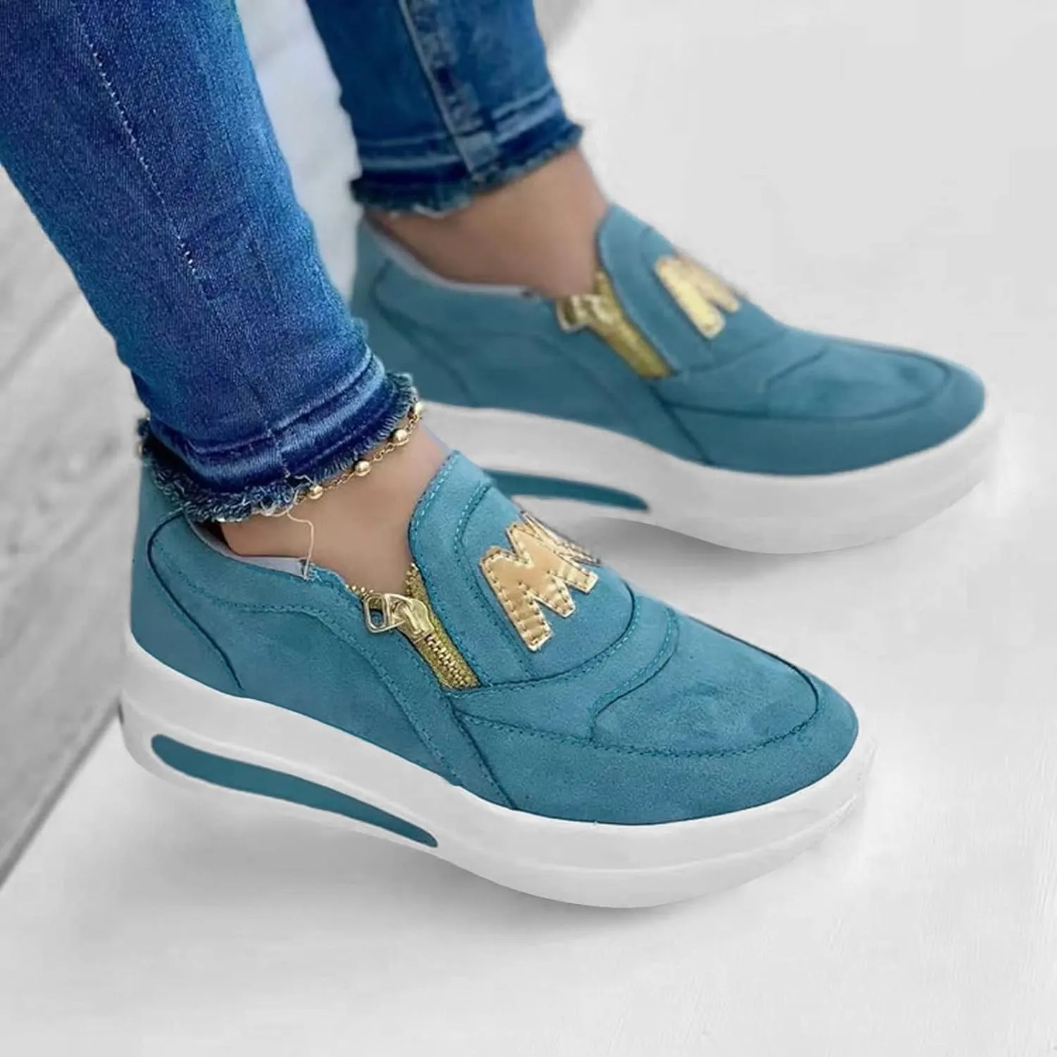 Ladies Fashion Solid Color Flock Side Zipper Platform Comfortable Casual Sports Shoes Womens Club C Sneaker