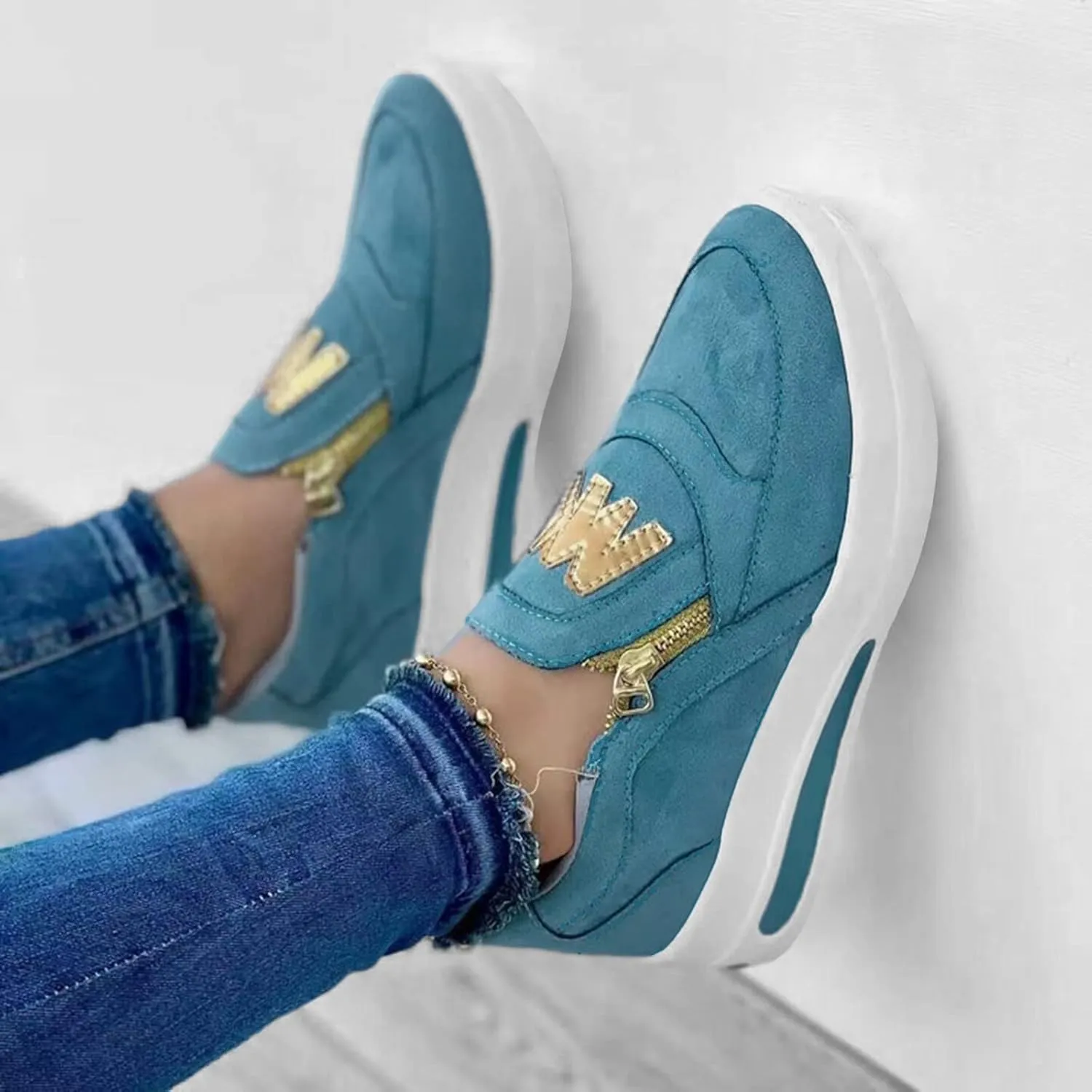 Ladies Fashion Solid Color Flock Side Zipper Platform Comfortable Casual Sports Shoes Womens Club C Sneaker