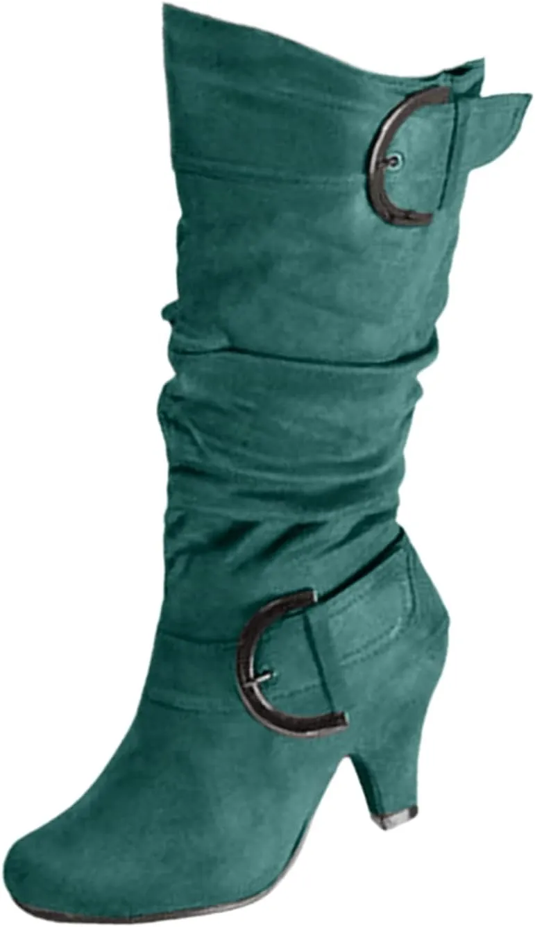 Ladmiple Cowgirl Boots Women Wide Calf Knee High Cowboy Boots Mid Heel Retro Fashion Tall Boot Pull On for Ladies
