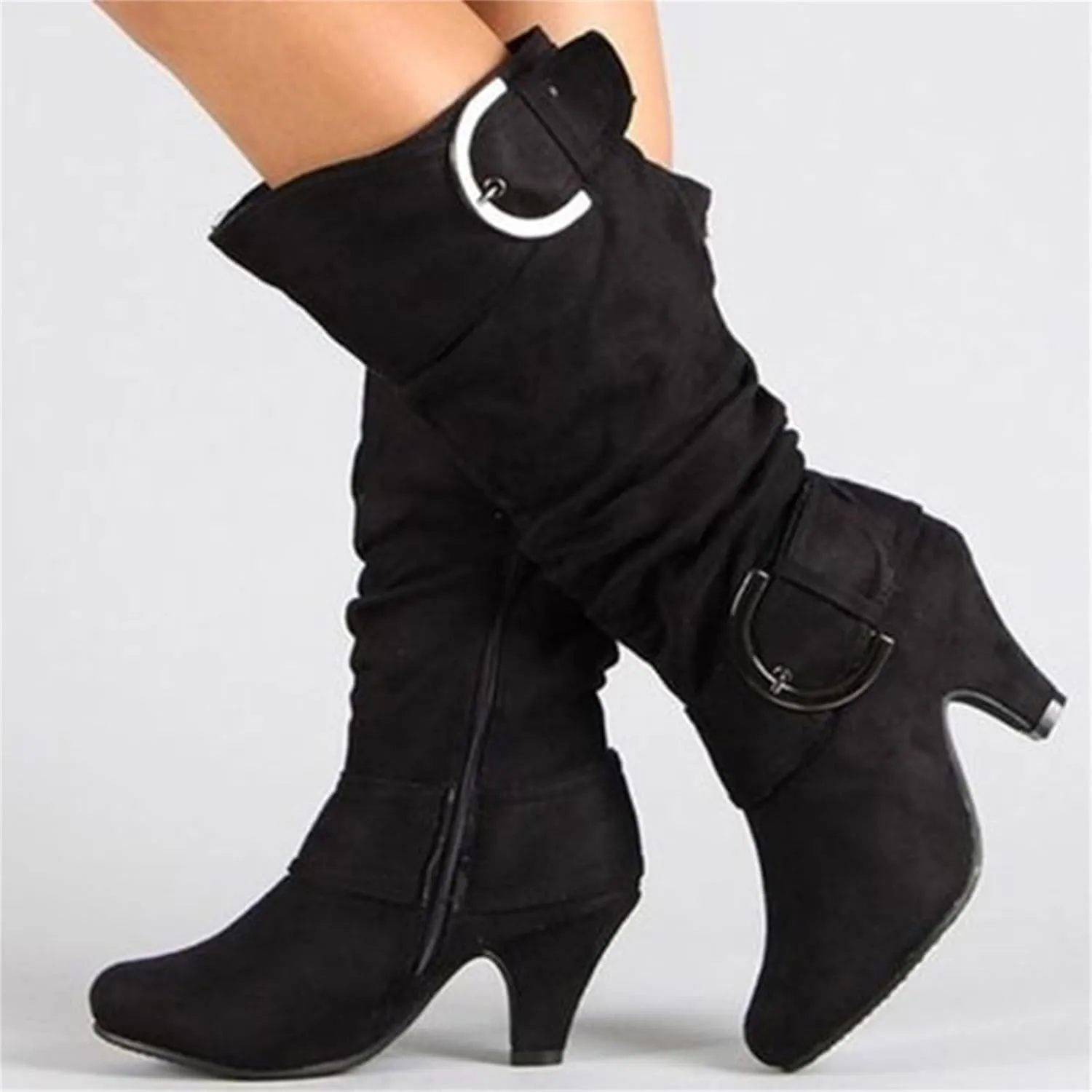 Ladmiple Fall Boots Women Knee High Wide Calf Pointed Toe Cone Heel Size Zipper Slouchy Cowboy Cowgirl Western Boots
