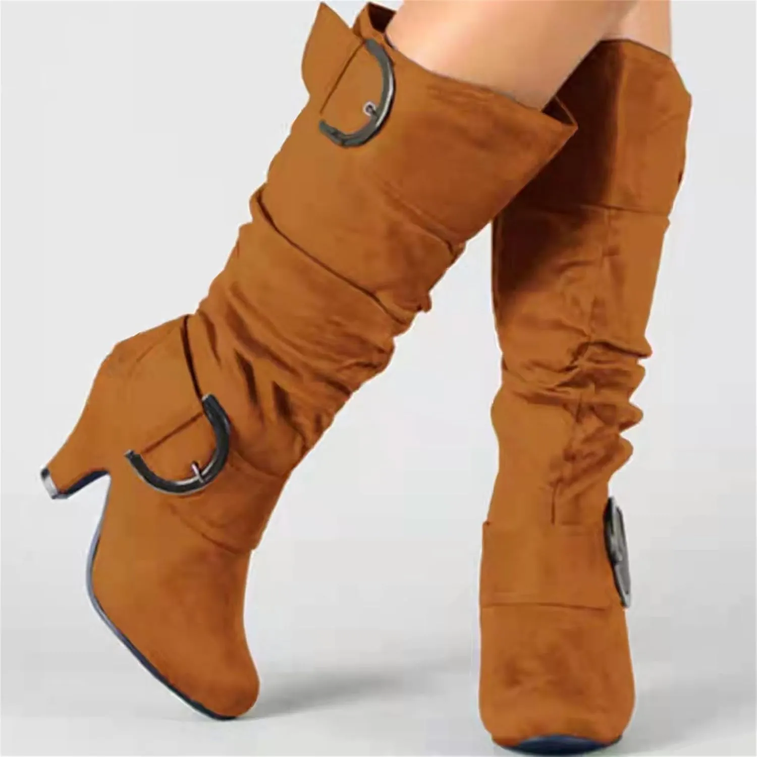 Ladmiple Fall Boots Women Knee High Wide Calf Slouchy Western Cowboy Boots Fashion Pointed Toe Cone Heel Cowgirl Boots