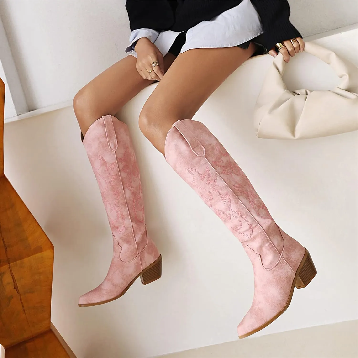 Lausiuoe Cowboy Boots For Women Wide Calf Wide Foot Knee High Western Cowgirl Style Embroidered Chunky Heel Fashion Boot