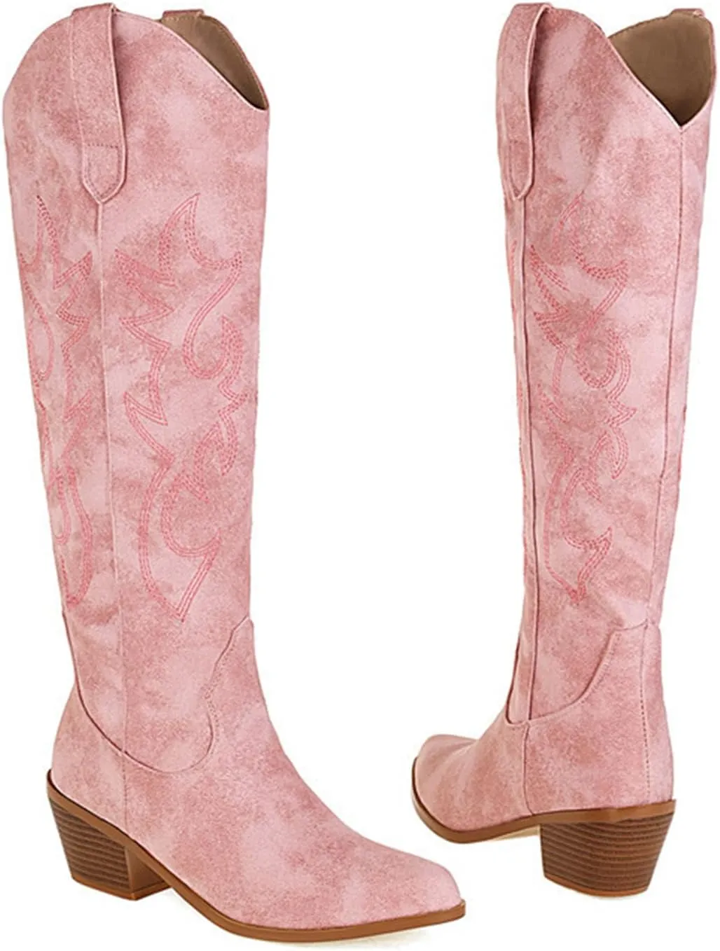 Lausiuoe Cowboy Boots For Women Wide Calf Wide Foot Knee High Western Cowgirl Style Embroidered Chunky Heel Fashion Boot