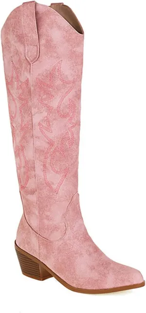 Lausiuoe Cowboy Boots For Women Wide Calf Wide Foot Knee High Western Cowgirl Style Embroidered Chunky Heel Fashion Boot