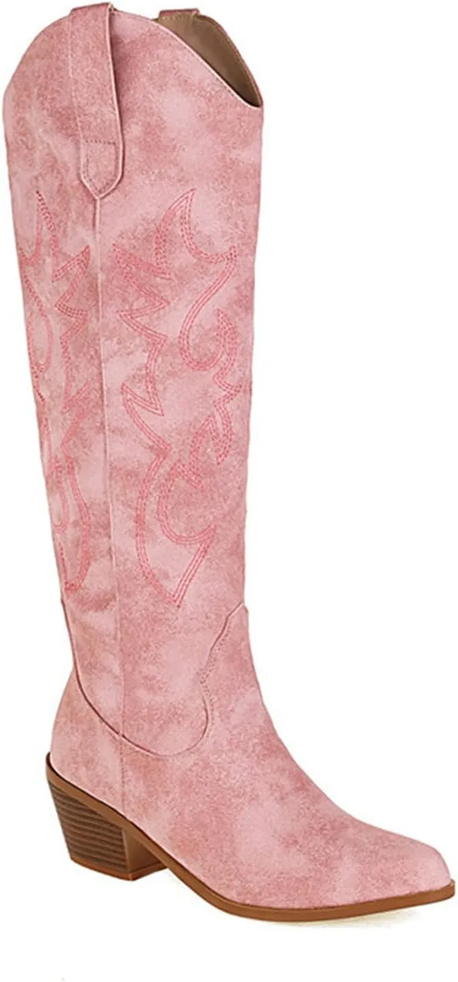 Lausiuoe Cowboy Boots For Women Wide Calf Wide Foot Knee High Western Cowgirl Style Embroidered Chunky Heel Fashion Boot