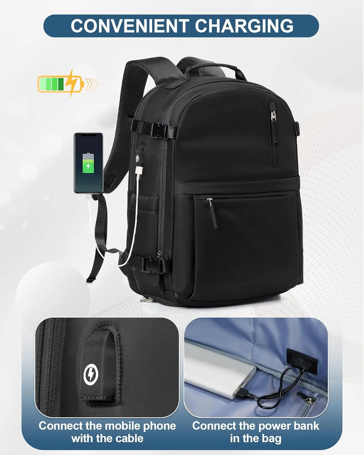 Lightweight Travel Backpack for Women Men Mochila de Viaje Luggage Backpack with USB Charging Port & Shoe Pouch Airline Approved Personal Item Travel Bag Waterproof Utility Backpack(Black)
