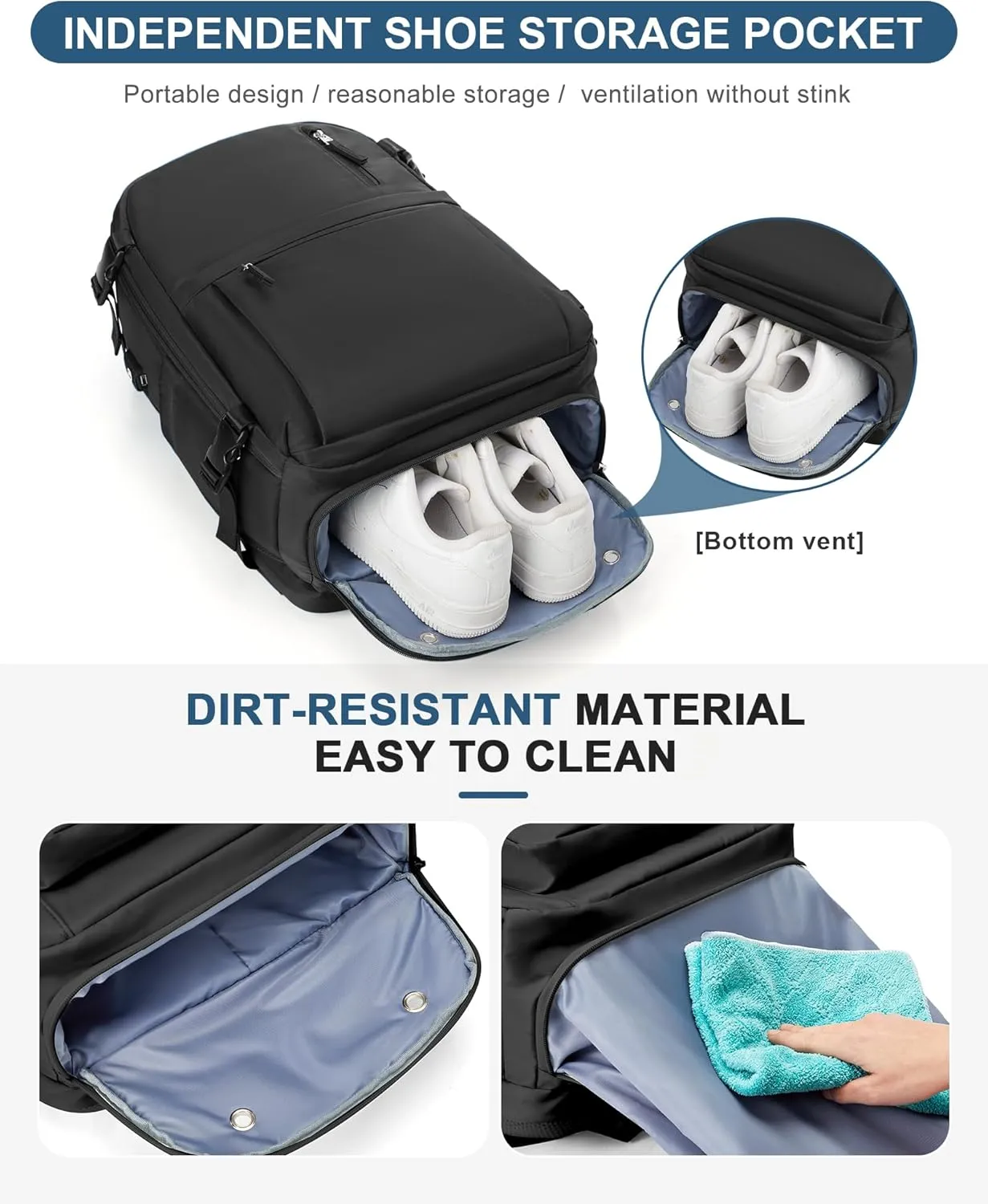 Lightweight Travel Backpack for Women Men Mochila de Viaje Luggage Backpack with USB Charging Port & Shoe Pouch Airline Approved Personal Item Travel Bag Waterproof Utility Backpack(Black)
