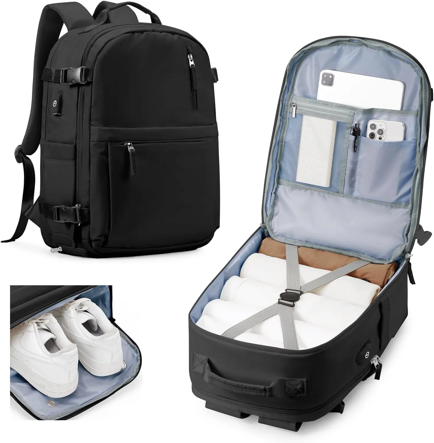 Lightweight Travel Backpack for Women Men Mochila de Viaje Luggage Backpack with USB Charging Port & Shoe Pouch Airline Approved Personal Item Travel Bag Waterproof Utility Backpack(Black)