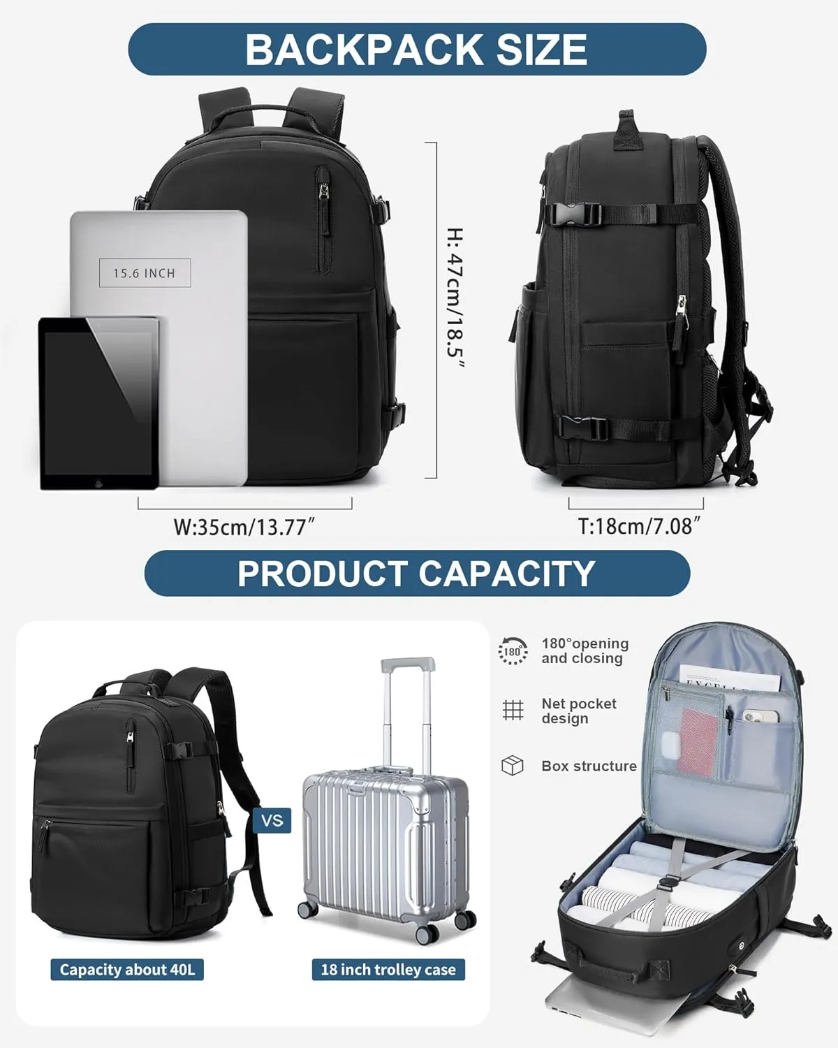 Lightweight Travel Backpack for Women Men Mochila de Viaje Luggage Backpack with USB Charging Port & Shoe Pouch Airline Approved Personal Item Travel Bag Waterproof Utility Backpack(Black)