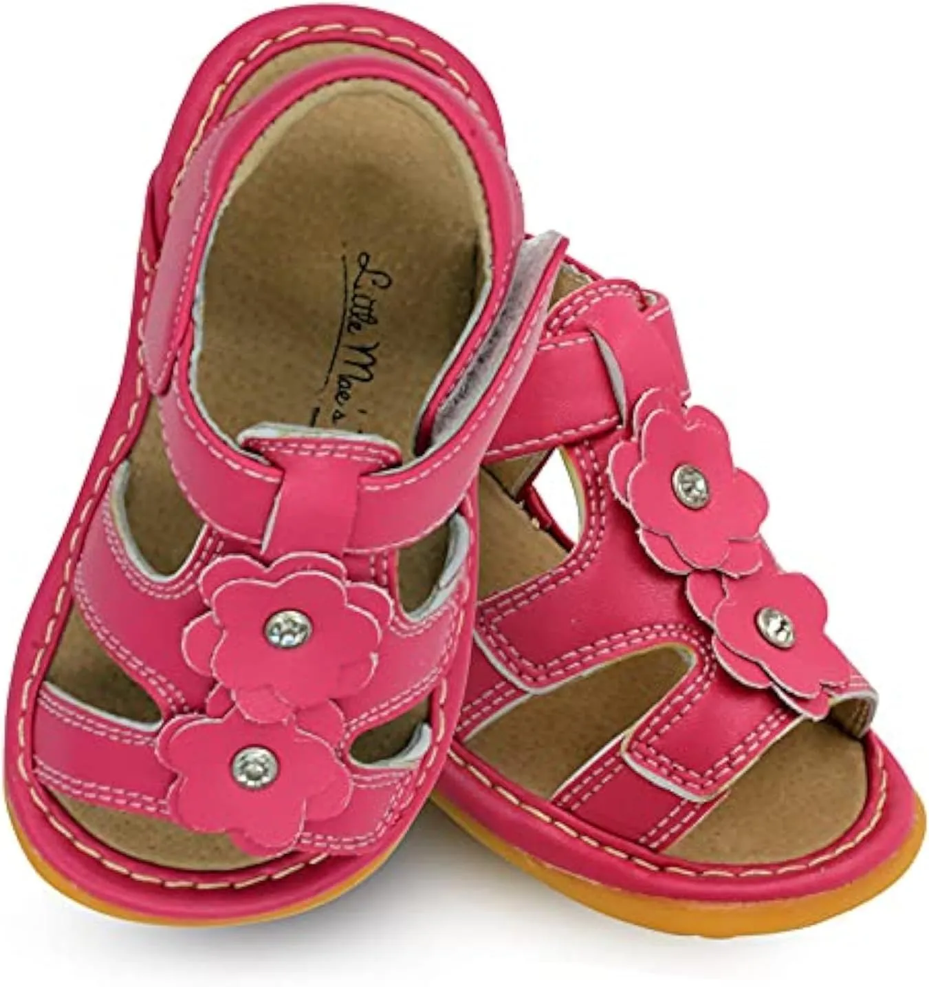 Little Mae's Boutique Mary Jane Two Flower and Gleeful Squeaky Sandals for Toddler Girls, Walking Sandals with Removable Squeaker & Adjustable Strap - Soft Sole Sandals for Little Girls