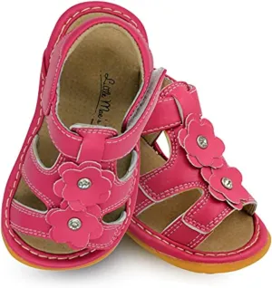 Little Mae's Boutique Mary Jane Two Flower and Gleeful Squeaky Sandals for Toddler Girls, Walking Sandals with Removable Squeaker & Adjustable Strap - Soft Sole Sandals for Little Girls