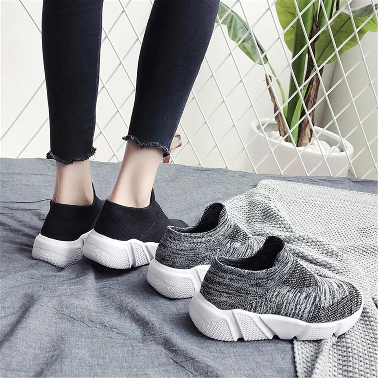 LLTMALL Women's Knit Loafer Sneakers Mesh Breathable Slip on Tennis Walking Sock Shoes