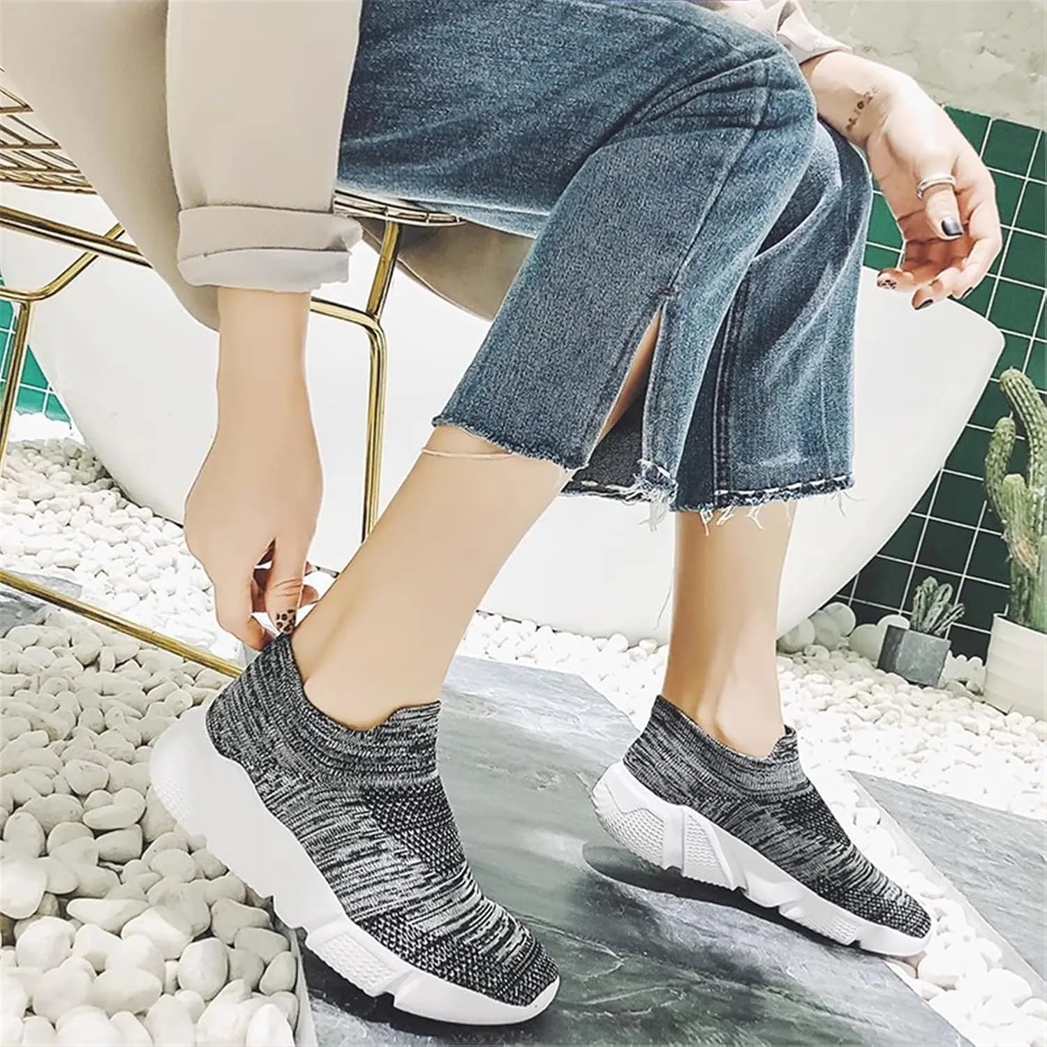LLTMALL Women's Knit Loafer Sneakers Mesh Breathable Slip on Tennis Walking Sock Shoes